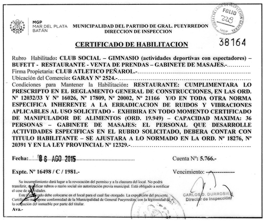 El certificado de habilitación para el Club Peñarol de Mar del Plata. 